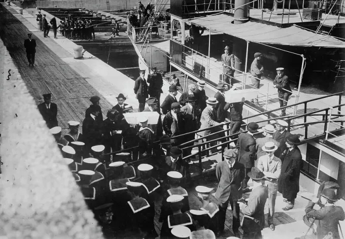 Framed Print : Sailors taking children in coffins from LADY GREY at Quebec, 1914. Creator: Bain News Service Framed Print : Sailors taking children in coffins from LADY GREY at Quebec, 1914. Creator: Bain News Service