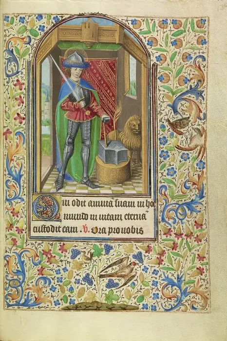 Framed Print : Saint Adrian Armed with a Sword and an Anvil; Book of Hours, about 1466-1470. Creator: Master of Jacques of Luxembourg
