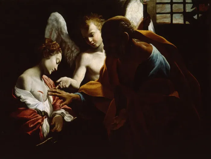 Framed Print : Saint Agatha Attended by Saint Peter and an Angel in Prison, ca 1614. Artist: Lanfranco, Giovanni (1582-1647) Framed Print : Saint Agatha Attended by Saint Peter and an Angel in Prison, ca 1614. Artist: Lanfranco, Giovanni (1582-1647)