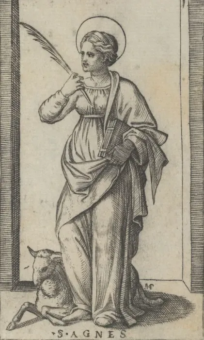 Framed Print : Saint Agnes standing a holding a palm in her right hand, a sheep lower left, from... ca Framed Print : Saint Agnes standing a holding a palm in her right hand, a sheep lower left, from... ca