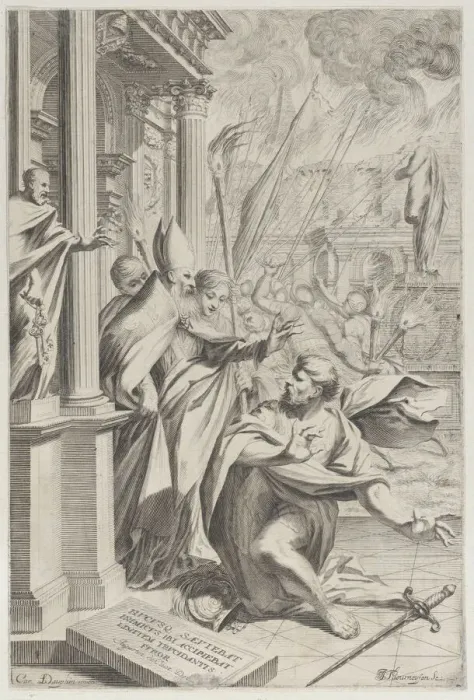 Framed Print : Saint Ambrose repelling Emperor Theodosius, 1652-1711. Creator: Johann Jakob Thurneysen the Elder Framed Print : Saint Ambrose repelling Emperor Theodosius, 1652-1711. Creator: Johann Jakob Thurneysen the Elder