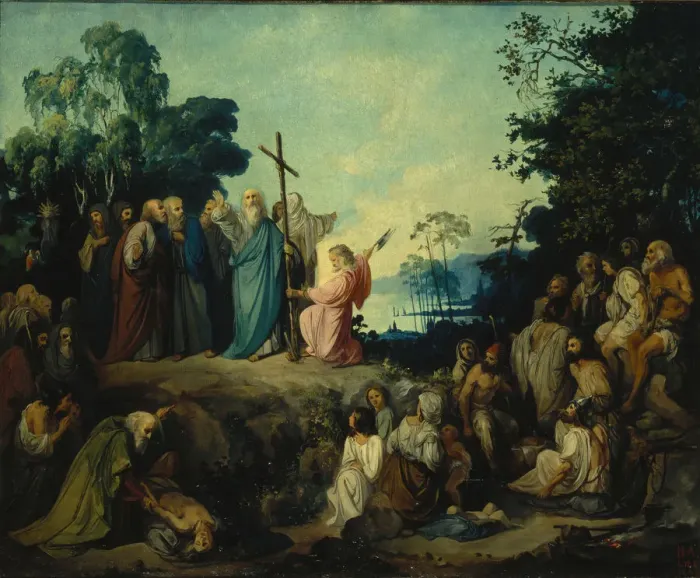 Framed Print : Saint Andrew the Apostle erects a cross on Kiev heights, 1848. Artist: Lomtev, Nikolai Petrovich (1816-1859) Framed Print : Saint Andrew the Apostle erects a cross on Kiev heights, 1848. Artist: Lomtev, Nikolai Petrovich (1816-1859)