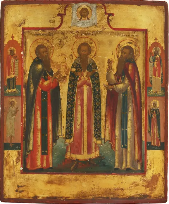 Framed Print : Saint Andrew of Smolensk (center), Daniel the Pilgrim (right) and the venerable... Early 19th cen. Creator: Russian icon Framed Print : Saint Andrew of Smolensk (center), Daniel the Pilgrim (right) and the venerable... Early 19th cen. Creator: Russian icon