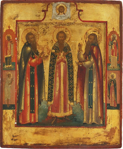 Saint Andrew of Smolensk (center), Daniel the Pilgrim (right) and the venerable... Early 19th cen. Creator: Russian icon