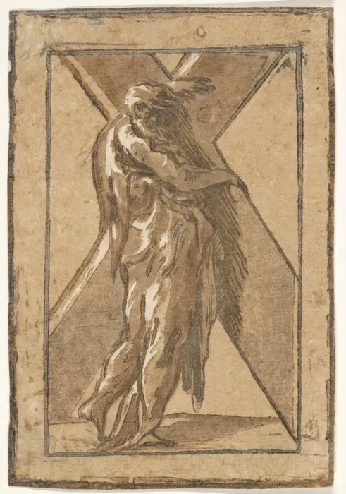 Framed Print : Saint Andrew standing in profile holding a large cross from a series of Twelve Apo Framed Print : Saint Andrew standing in profile holding a large cross from a series of Twelve Apo