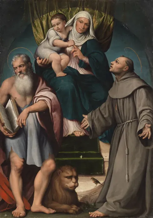 Framed Print : Saint Anna and the infant Christ enthroned between Saints Jerome and Francis, 1541 Framed Print : Saint Anna and the infant Christ enthroned between Saints Jerome and Francis, 1541