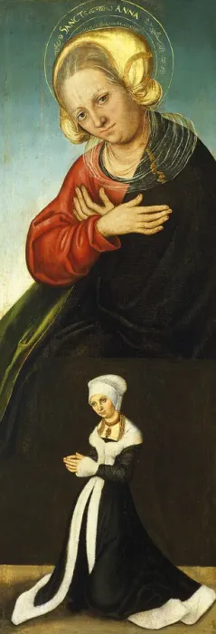 Framed Print : Saint Anne with the Duchess Barbara of Saxony as Donor, ca 1514. Artist: Cranach, Lucas, the Elder (1472-1553) Framed Print : Saint Anne with the Duchess Barbara of Saxony as Donor, ca 1514. Artist: Cranach, Lucas, the Elder (1472-1553)