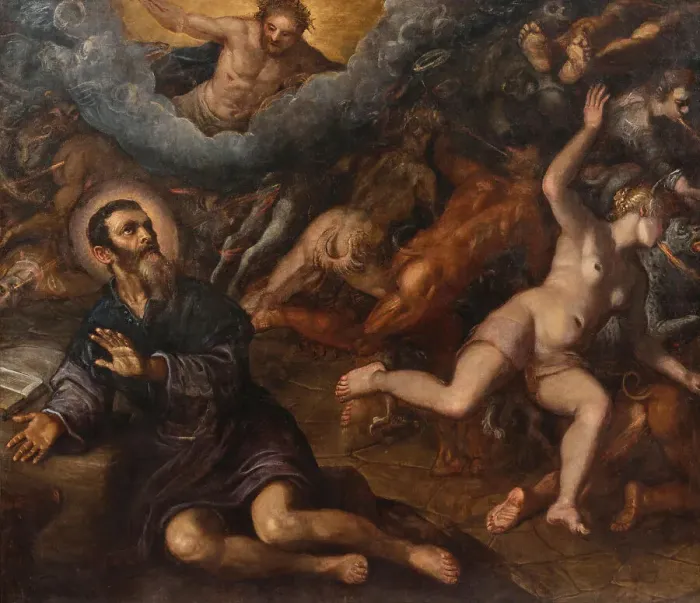 Framed Print : Saint Anthony banishing the devils of temptation, 1600s. Creator: Tintoretto; Domenico (1560-1635) Framed Print : Saint Anthony banishing the devils of temptation, 1600s. Creator: Tintoretto; Domenico (1560-1635)