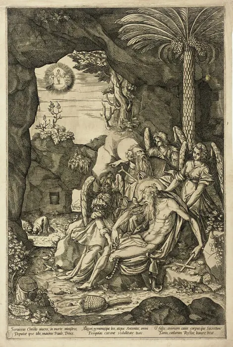 Framed Print : Saint Anthony Finds the Hermit Saint Paul Dead in the Arms of Angels, 1582. Creator: Bernardino Passeri Framed Print : Saint Anthony Finds the Hermit Saint Paul Dead in the Arms of Angels, 1582. Creator: Bernardino Passeri