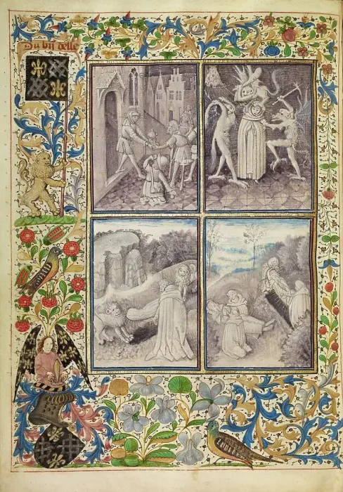 Framed Print : Saint Anthony Giving his Belongings to the Poor: Anthony Tormented by Demons... about 1465-70. Creators: Master of the Brussels Romuleon, Workshop of the Master of the Brussels Romuleon Framed Print : Saint Anthony Giving his Belongings to the Poor: Anthony Tormented by Demons... about 1465-70. Creators: Master of the Brussels Romuleon, Workshop of the Master of the Brussels Romuleon