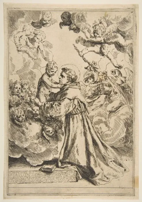 Framed Print : Saint Anthony of Padua adoring the Christ Child in Glory, copy after Cantarini, ca Framed Print : Saint Anthony of Padua adoring the Christ Child in Glory, copy after Cantarini, ca