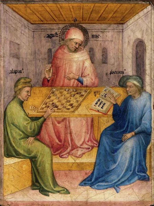 Framed Print : Saint Augustine and Alypius Receiving Ponticianus, c1413. Creator: Niccolo di Pietro (active 1394-1427) Framed Print : Saint Augustine and Alypius Receiving Ponticianus, c1413. Creator: Niccolo di Pietro (active 1394-1427)