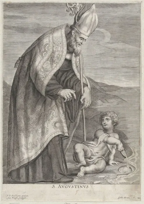 Framed Print : Saint Augustine, appearing to a child on a beach, ca. 1640-60. Creator: Jacob Neeffs Framed Print : Saint Augustine, appearing to a child on a beach, ca. 1640-60. Creator: Jacob Neeffs