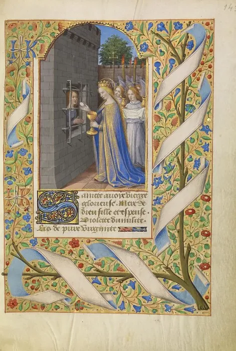 Framed Print : Saint Avia in Prison Receiving Communion from the Virgin; Katherine Hours, about 1480-1485. Creator: Jean Bourdichon Framed Print : Saint Avia in Prison Receiving Communion from the Virgin; Katherine Hours, about 1480-1485. Creator: Jean Bourdichon