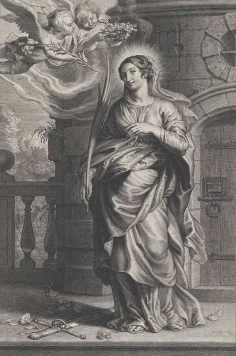 Framed Print : Saint Barbara holding palm leaves with a sword and flowers at her feet, two putti o Framed Print : Saint Barbara holding palm leaves with a sword and flowers at her feet, two putti o