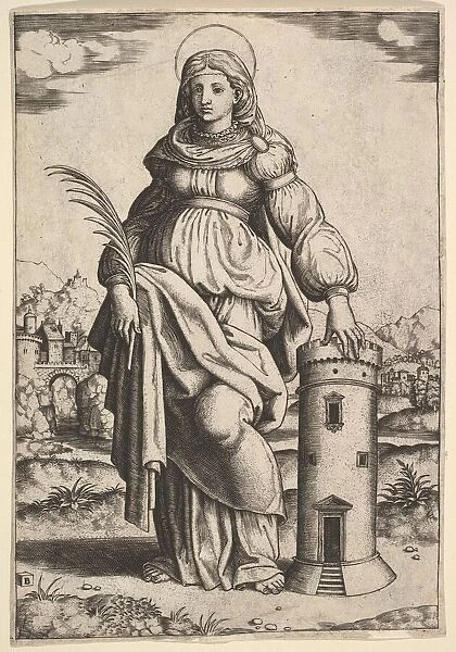 Saint Barbara standing, palm in her right hand, resting her left hand on a tower, 1530-60