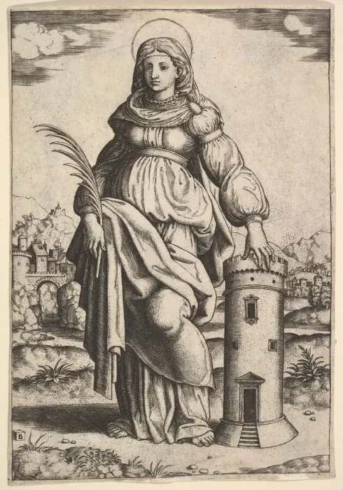Framed Print : Saint Barbara standing, palm in her right hand, resting her left hand on a tower, 1530-60 Framed Print : Saint Barbara standing, palm in her right hand, resting her left hand on a tower, 1530-60