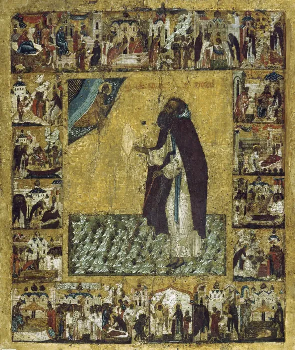 Framed Print : Saint Barlaam of Khutyn with Scenes from His Life, 1560s Framed Print : Saint Barlaam of Khutyn with Scenes from His Life, 1560s