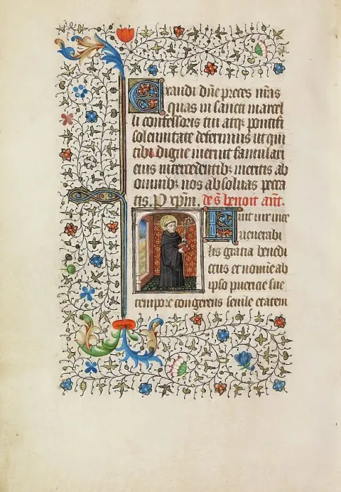 Framed Print : Saint Benedict with a Staff and a Book; Book of Hours, about 1440-1450. Creator: Workshop of the Bedford Master Framed Print : Saint Benedict with a Staff and a Book; Book of Hours, about 1440-1450. Creator: Workshop of the Bedford Master