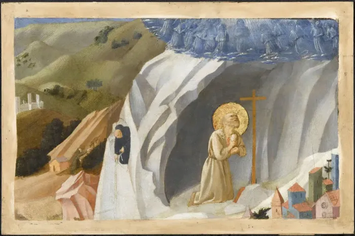Framed Print : Saint Benedict Tempted in the Wilderness, 1430. Artist: Angelico, Fra Giovanni, da Fiesole (ca. 1400-1455) Framed Print : Saint Benedict Tempted in the Wilderness, 1430. Artist: Angelico, Fra Giovanni, da Fiesole (ca. 1400-1455)