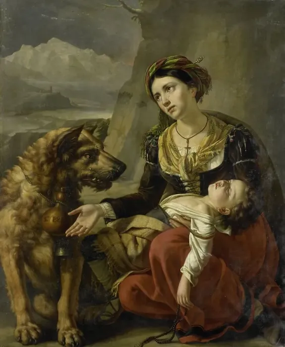 Framed Print : A Saint Bernard Dog Comes to the Aid of a lost Woman with a sick Child, 1827. Creator: Charles Picque Framed Print : A Saint Bernard Dog Comes to the Aid of a lost Woman with a sick Child, 1827. Creator: Charles Picque