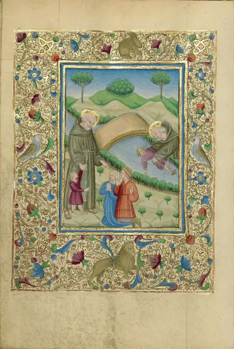 Framed Print : Saint Bernardino of Siena Rescuing Boys from a River; Book of Hours, about 1460. Creator: Unknown Framed Print : Saint Bernardino of Siena Rescuing Boys from a River; Book of Hours, about 1460. Creator: Unknown