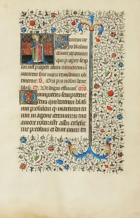 Framed Print : Saint Blasius with a Crosier and a Carding Comb; Book of Hours, about 1440-1450. Creator: Workshop of the Bedford Master Framed Print : Saint Blasius with a Crosier and a Carding Comb; Book of Hours, about 1440-1450. Creator: Workshop of the Bedford Master