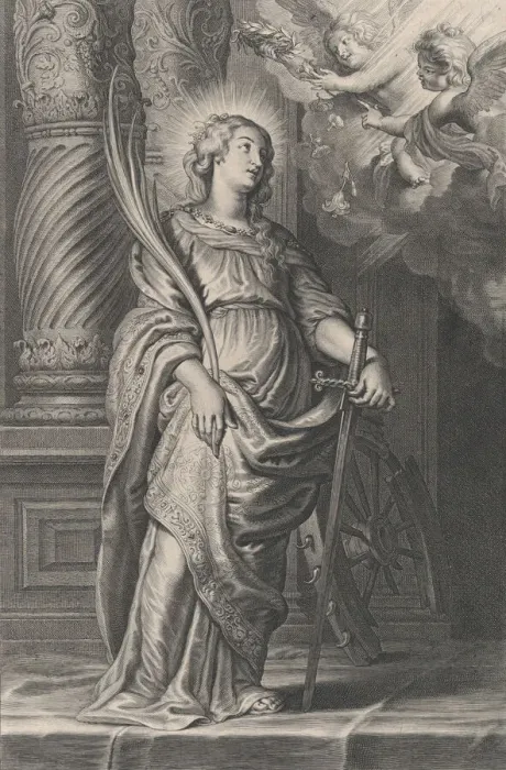 Framed Print : Saint Catherine holding palm leaves and a sword, two putti overhead holding a laure Framed Print : Saint Catherine holding palm leaves and a sword, two putti overhead holding a laure