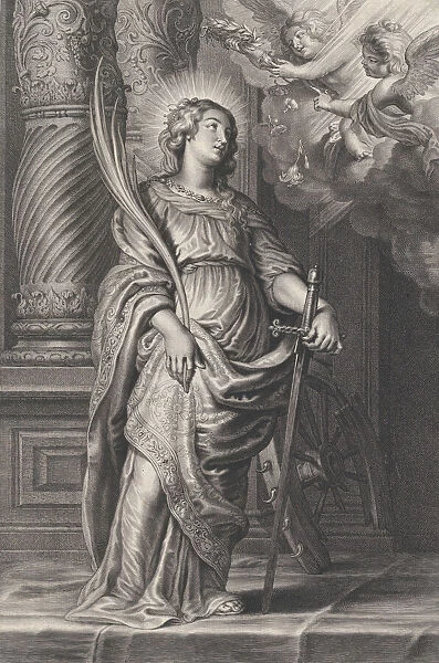 Saint Catherine holding palm leaves and a sword, two putti overhead holding a laure