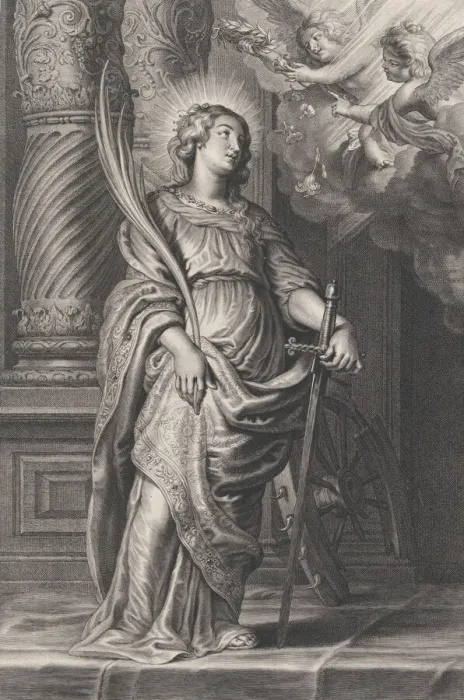 Framed Print : Saint Catherine holding palm leaves and a sword, two putti overhead holding a laure Framed Print : Saint Catherine holding palm leaves and a sword, two putti overhead holding a laure