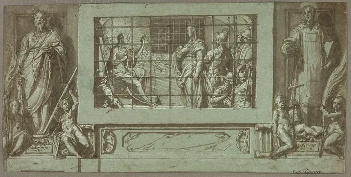 Framed Print : Saint Catherine in Prison Converting the Empress Faustina to Christianity, Flanked... 1570 / 71. Creator: Federico Zuccaro Framed Print : Saint Catherine in Prison Converting the Empress Faustina to Christianity, Flanked... 1570 / 71. Creator: Federico Zuccaro
