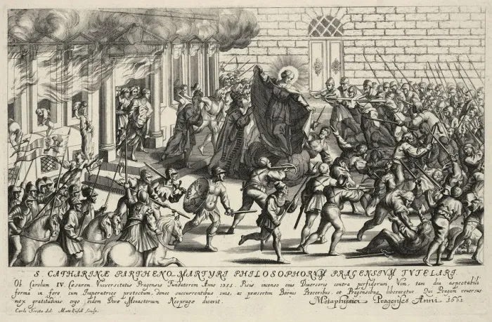 Framed Print : Saint Catherine protects Charles IV during the Pisan popular revolt in May 1355. Artist: Kusel, Matthaus (1629-1681) Framed Print : Saint Catherine protects Charles IV during the Pisan popular revolt in May 1355. Artist: Kusel, Matthaus (1629-1681)