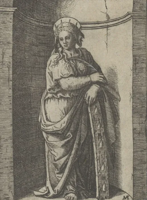 Framed Print : Saint Catherine standing in a niche, resting on a wheel, her instrument of tortur... ca Framed Print : Saint Catherine standing in a niche, resting on a wheel, her instrument of tortur... ca