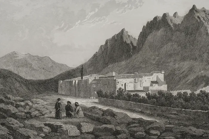 Framed Print : Saint Catherine's Monastery, at the foot of Mount Sinai, 1840. Creator: Charles Nicolas Ransonnette. Saint Catherine's Monastery, at the foot of Mount Sinai, 1840 Framed Print : Saint Catherine's Monastery, at the foot of Mount Sinai, 1840. Creator: Charles Nicolas Ransonnette. Saint Catherine's Monastery, at the foot of Mount Sinai, 1840