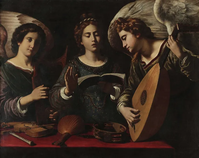 Framed Print : Saint Cecilia and two musician angels, Early 17th century. Creator: Gramatica (Grammatica), Antiveduto (1571-1626) Framed Print : Saint Cecilia and two musician angels, Early 17th century. Creator: Gramatica (Grammatica), Antiveduto (1571-1626)
