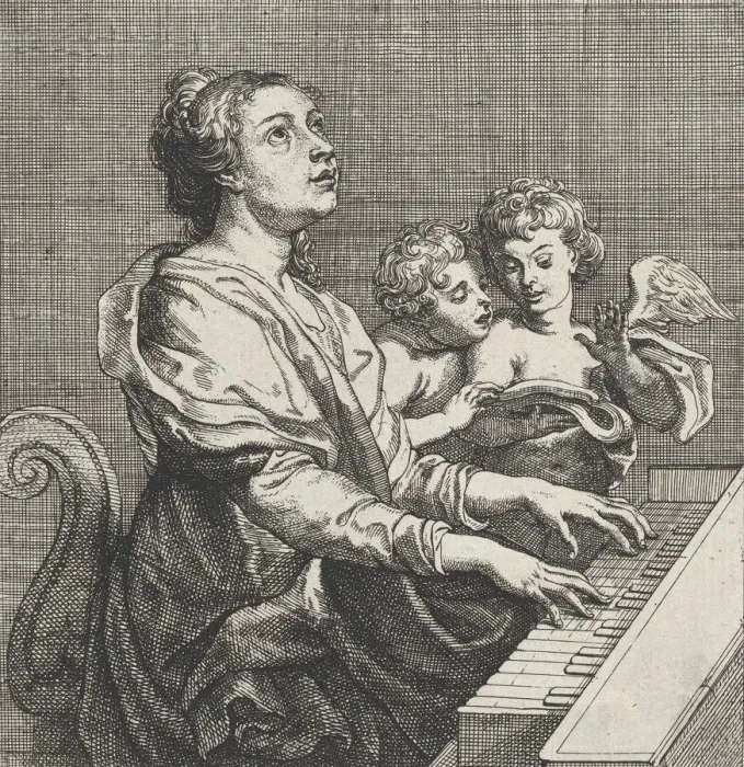 Framed Print : Saint Cecilia playing the organ with two putti at right, ca. 1631 Framed Print : Saint Cecilia playing the organ with two putti at right, ca. 1631