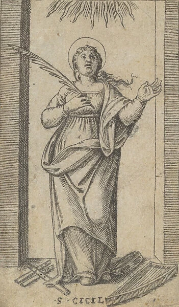 Saint Cecilia standing holding a palm of martyrdom in her right hand, from the se... ca