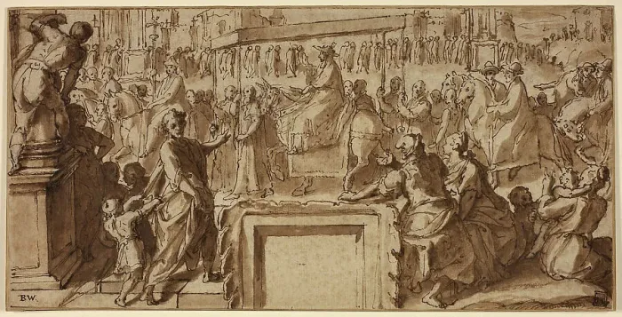 Framed Print : Saint Charles Borromeo Entering the Town of Pavia: Design for a Wall Decoration, c.1604. Creator: Cesare Nebbia Framed Print : Saint Charles Borromeo Entering the Town of Pavia: Design for a Wall Decoration, c.1604. Creator: Cesare Nebbia