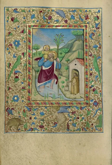 Framed Print : Saint Christopher Carrying the Christ Child; Book of Hours, about 1460. Creator: Unknown Framed Print : Saint Christopher Carrying the Christ Child; Book of Hours, about 1460. Creator: Unknown