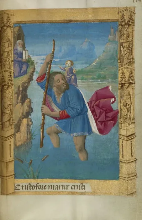 Framed Print : Saint Christopher Carrying the Christ Child; Book of Hours, 1478. Creator: Master of Guillaume Lambert Framed Print : Saint Christopher Carrying the Christ Child; Book of Hours, 1478. Creator: Master of Guillaume Lambert