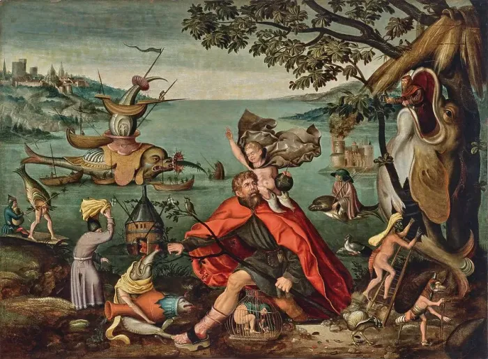Framed Print : Saint Christopher Carrying the Christ Child through a Sinful World. Creator: Bosch; Hieronymus; (School) () Framed Print : Saint Christopher Carrying the Christ Child through a Sinful World. Creator: Bosch; Hieronymus; (School) ()