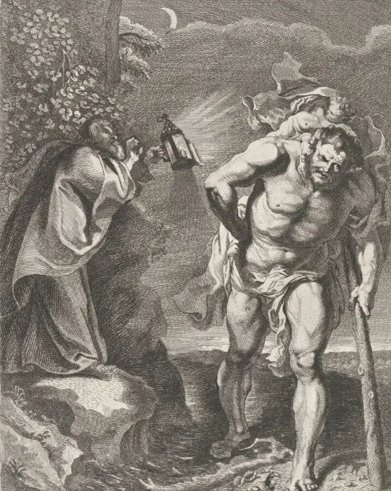 Framed Print : Saint Christopher carrying the Christ child across a stream, another man holding a Framed Print : Saint Christopher carrying the Christ child across a stream, another man holding a