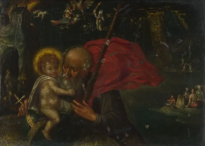 Framed Print : Saint Christopher carrying the Infant Christ, 17th century. Artist: German master