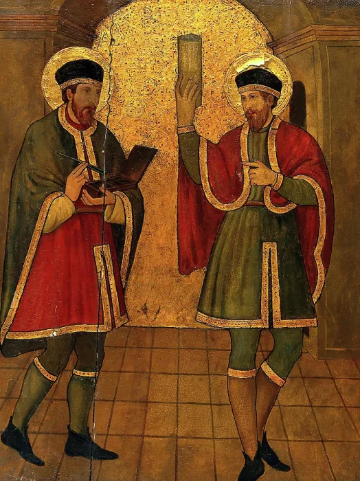 Framed Print : Saint Cosmas and Saint Damian, c1470s. Creator: Jaume Huguet Framed Print : Saint Cosmas and Saint Damian, c1470s. Creator: Jaume Huguet
