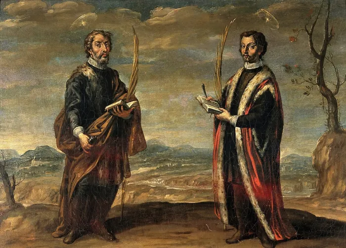 Framed Print : Saint Cosmas and Saint Damian in a landscape, c1660s. Creator: Andres Perez Framed Print : Saint Cosmas and Saint Damian in a landscape, c1660s. Creator: Andres Perez
