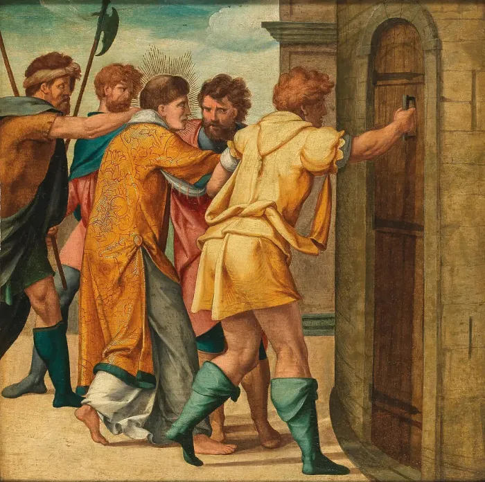 Framed Print : Saint Cyriacus is led to Prison (Cyriacus altar from St. Kunibert in Cologne), after 1532. Creator: Bruyn, Bartholomaeus (Barthel), the Elder (1493-1555) Framed Print : Saint Cyriacus is led to Prison (Cyriacus altar from St. Kunibert in Cologne), after 1532. Creator: Bruyn, Bartholomaeus (Barthel), the Elder (1493-1555)