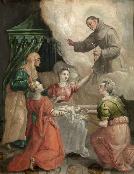 Framed Print : Saint Didacus Helps with a Difficult Birth, c1560-1600. Creator: Martin de Vos Framed Print : Saint Didacus Helps with a Difficult Birth, c1560-1600. Creator: Martin de Vos