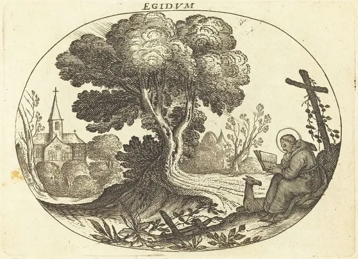 Framed Print : Saint Egidius and a Doe. Creator: Balthasar Moncornet Framed Print : Saint Egidius and a Doe. Creator: Balthasar Moncornet