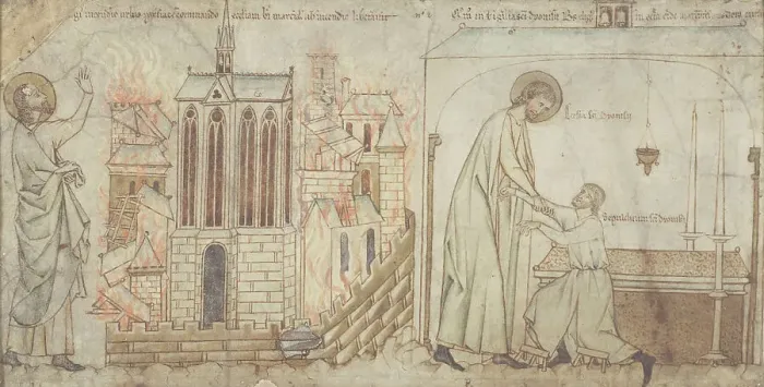 Framed Print : Saint Éloi saves Saint-Martial church on the Île de la Cité from a fire. Saint Eloi cures... c1250. Creator: Unknown Framed Print : Saint Éloi saves Saint-Martial church on the Île de la Cité from a fire. Saint Eloi cures... c1250. Creator: Unknown