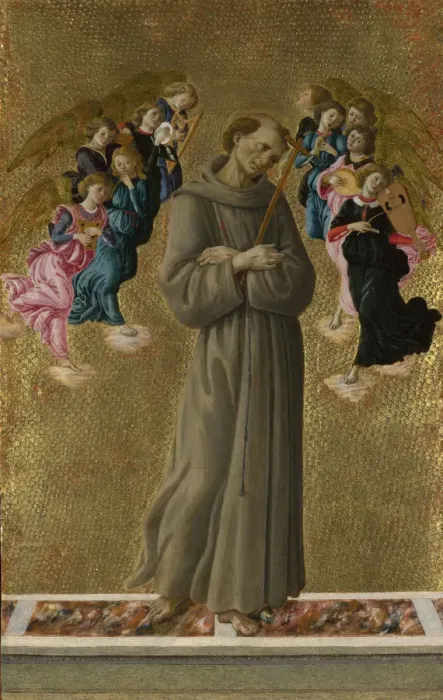 Framed Print : Saint Francis of Assisi with Angels, ca 1475. Artist: Botticelli, Sandro (1445-1510) Framed Print : Saint Francis of Assisi with Angels, ca 1475. Artist: Botticelli, Sandro (1445-1510)